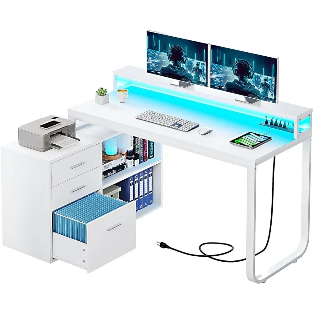 

L Shaped Desk With Power Outlets & LED Lights & File Cabinet 55 Inch Large Computer Desk Corner Desk Freight Free Reading Gaming