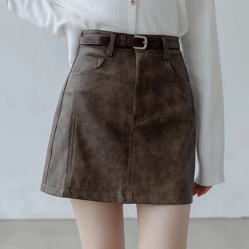 Gray Pu Leather Mini Skirts For Women Korean Fashion Y2k Bodycon Short Skirt Dark Brown Sexy Club Female Bottoms A-line Skirt brown for ipad air air 2 9 7 2017 2018 world map leather case w stand