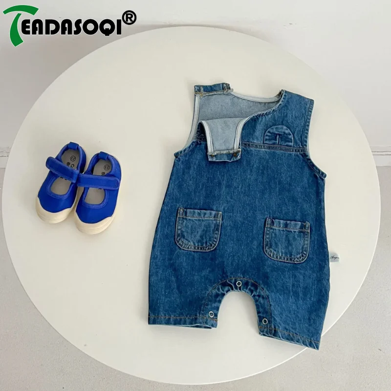 

0-3Y Children's Denim Sleeveless Overalls 2024 Spring Summer Boys Girls Todder Baby Jumpsuits Infant Vest Rompers Kids Bodysuits