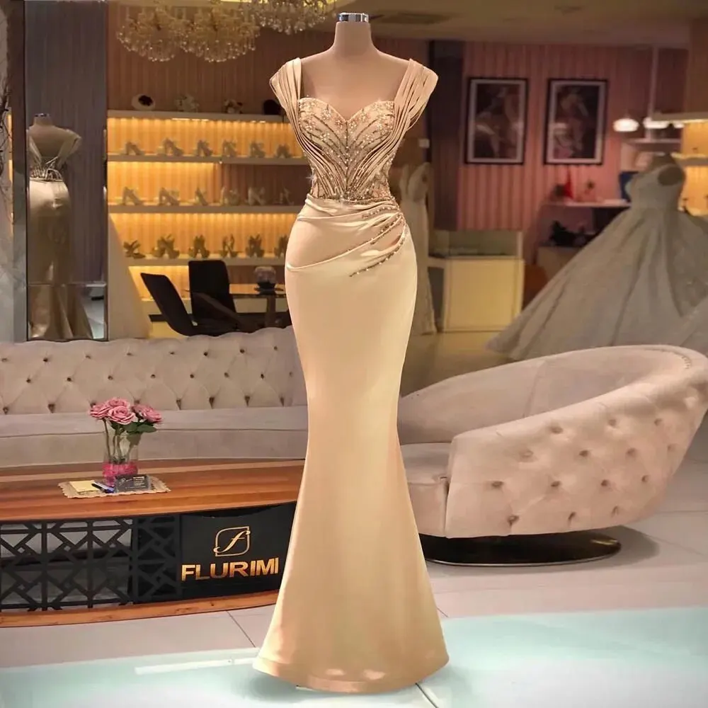 

2024 Sexy Arabic Prom Dresses Crystal Beaded See Through Satin Cap Sleeves Sweetheart Evening Dress Mermaid Formal Party Gowns