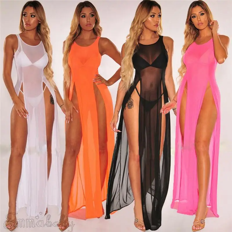 Women Mesh Sheer Bikini Cover Up Elegant Transparent Split Beach Dress  Swimwear Beachwear - Cover-ups - AliExpress