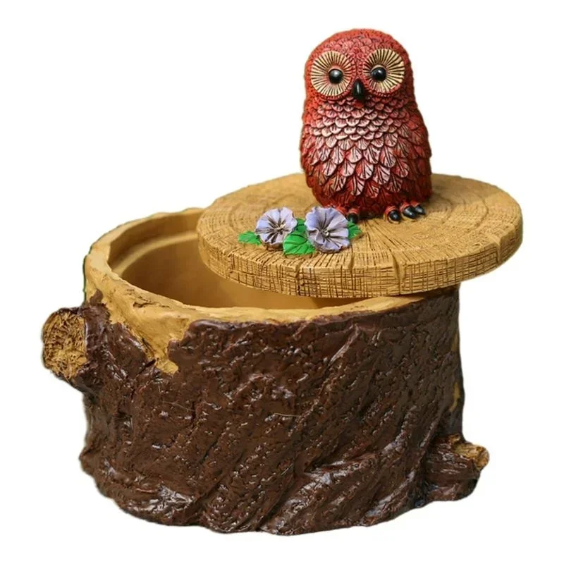 Charming Decorative Storage Tree-Stump Shaped Pot Adorable Red Owl Statue for Small Item Organization