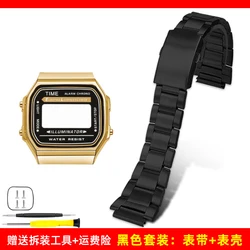 Premium Stainless Steel Watch Case Mod Kit with Glass Waterproof Ring and Screws - Full Metal Replacement Accessories - A168 Series (Gold case - black stra)