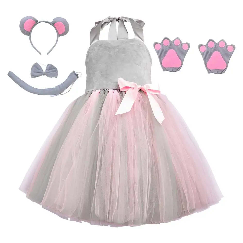 Kids Girls Mouse Cosplay Tutu Dress Tail Gloves Stage Performance Dance Skirts Costume Halloween Party Cartoon Disguise Outfits