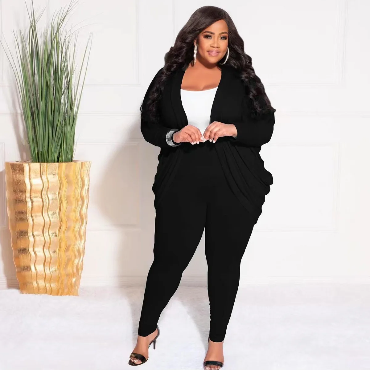 

Plus Size Two-piece Set Women Autumn Winter Fashion Long-sleeved Pleated Cardigan Pants Suit Casual Commute Women Elegant Outfit