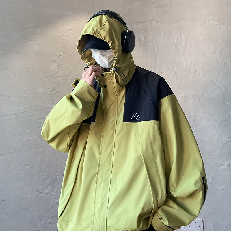 Korean Style Trendy Men Casual Jacket Side Pockets Patchwork Windbreaker Oversize Outdoor Comfy Sport Coat Zip
