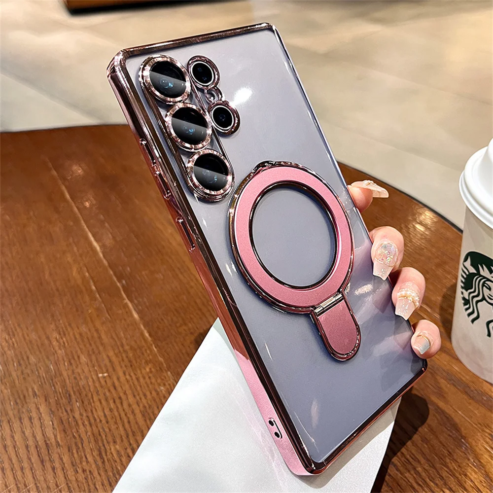 Luxury Plating Shockproof Magnetic Bracket Clear Case with Holder Stand Cover