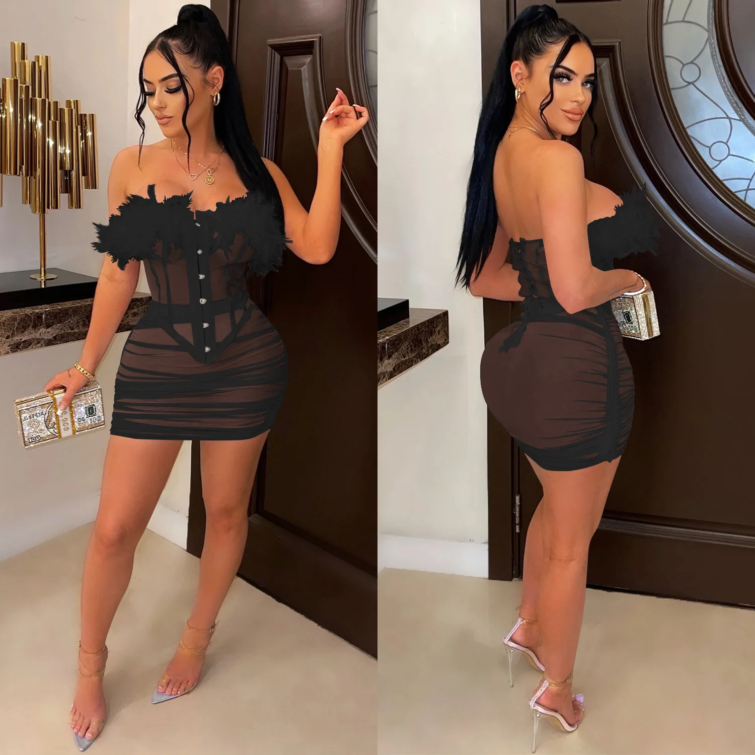 Sexy Women New Feather Two Piece Set Strapless Shirt + Mini Skirt Dress Sheer Mesh Party NIght Clubwear Dresses For Women Outfit