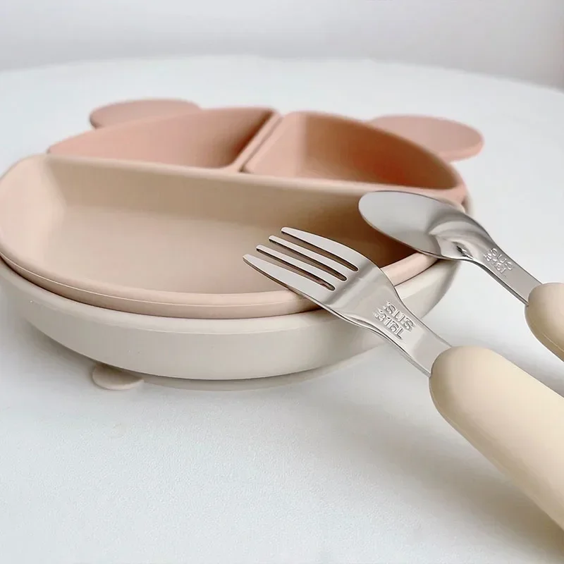 Baby Silicone Tableware Set Children Utensil Stainless Steel Toddler Dinnerware Cutlery Cartoon Infant Food Feeding Spoon Fork 4
