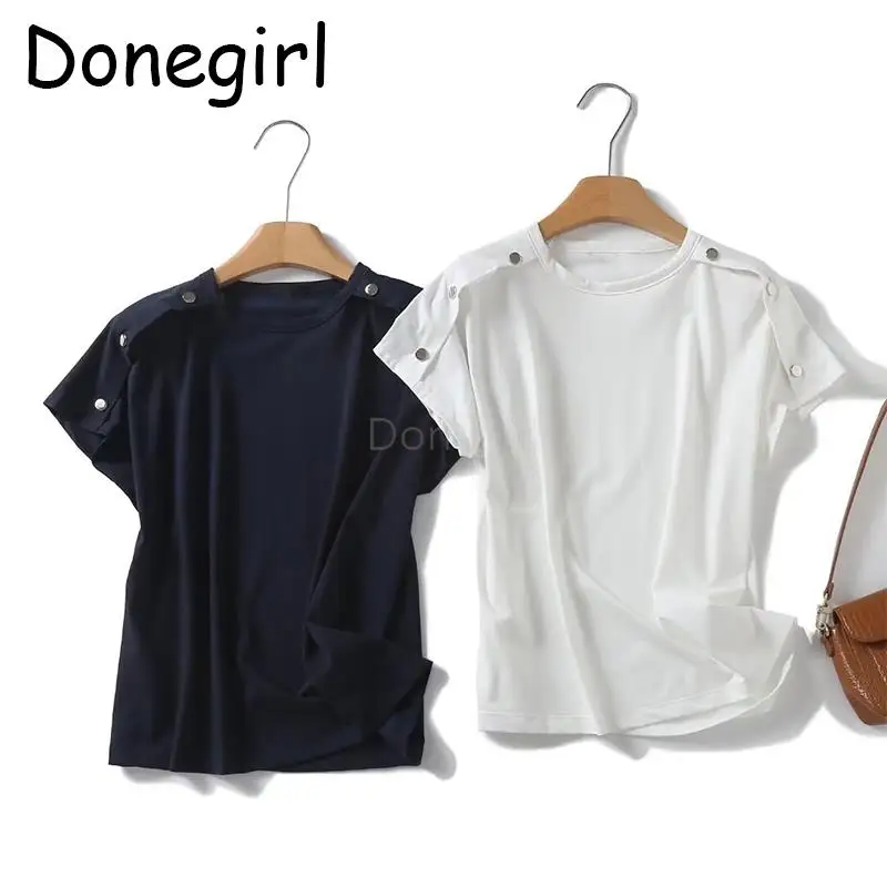 

Женская футболка на пуговицах Donegirl, однотонная Повседневная Универсальная футболка с коротким рукавом и спущенными плечами, весна-лето 2024