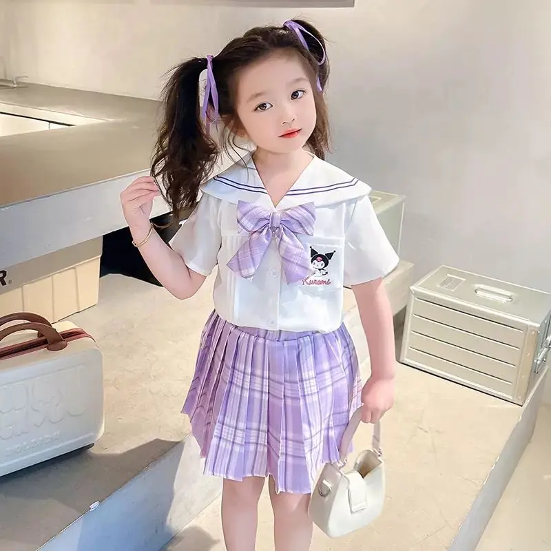2024 Sanrio Kawaii Kuromi Girls Jk Dress 2Pcs Summer Sweet Cute Cartoon Anime Children Preppy Pleated Dress Tide Gift for Kids