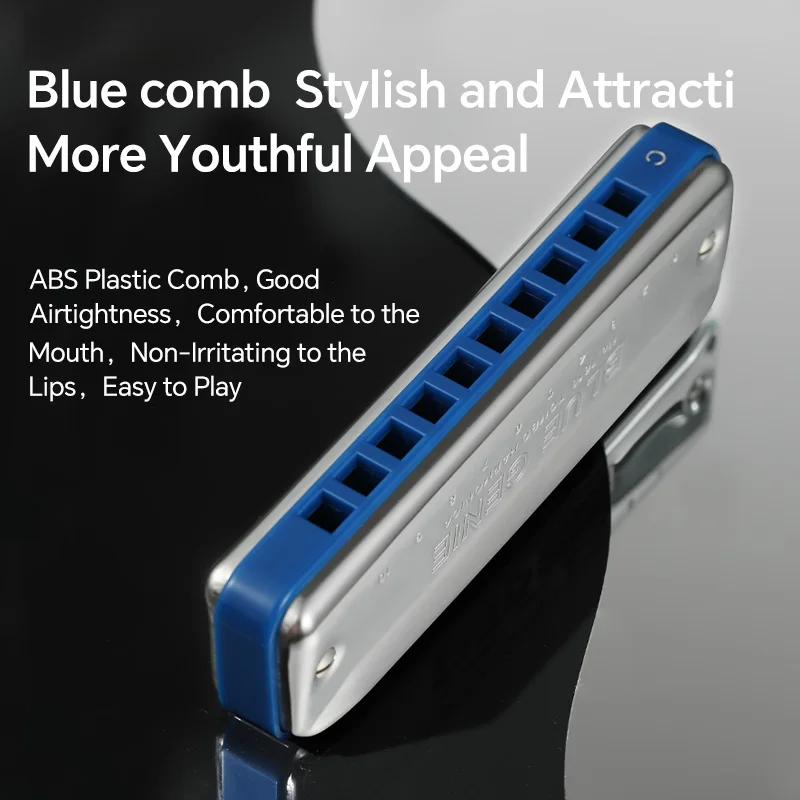 TOMBO 7610 Paddy 10 Hole Blues Harp Harmonica Diatonic Mouth Oragn Key of C with Grey Plastic Comb for Beginners Adults