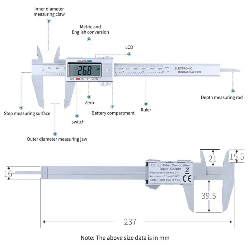 Description Picture 3 of itemDigital Vernier Calipers Measure 150mm 6inch LCD Electronic Carbon Fiber Gauge Height Measuring Instruments Micrometer