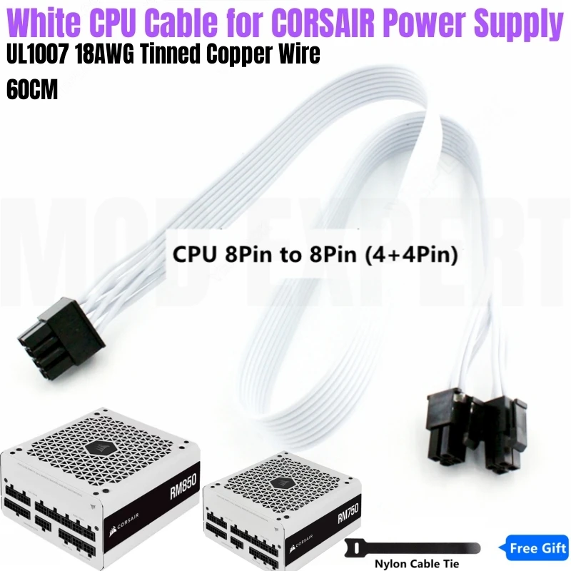 

White CPU Power Cable EPS/ATX12V 8Pin 4+4Pin 18AWG 60CM for Corsair RM750 RM850 (2021) White Version Modular Power Supply Unit