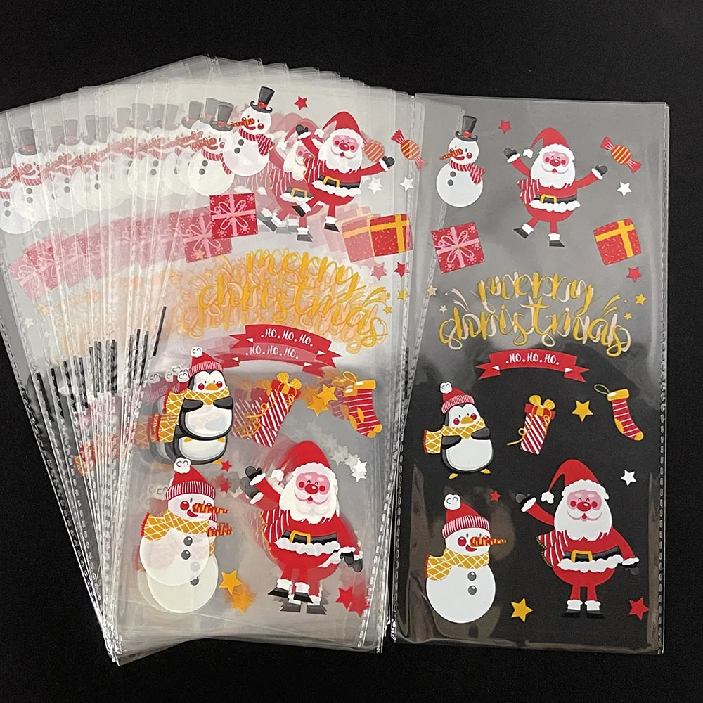 50Pcs Christmas Gift Bag Transparent Plastic Bags Presents Candies Cookies Xmas Home Store Sale Gift Cookies Wrapping Bags