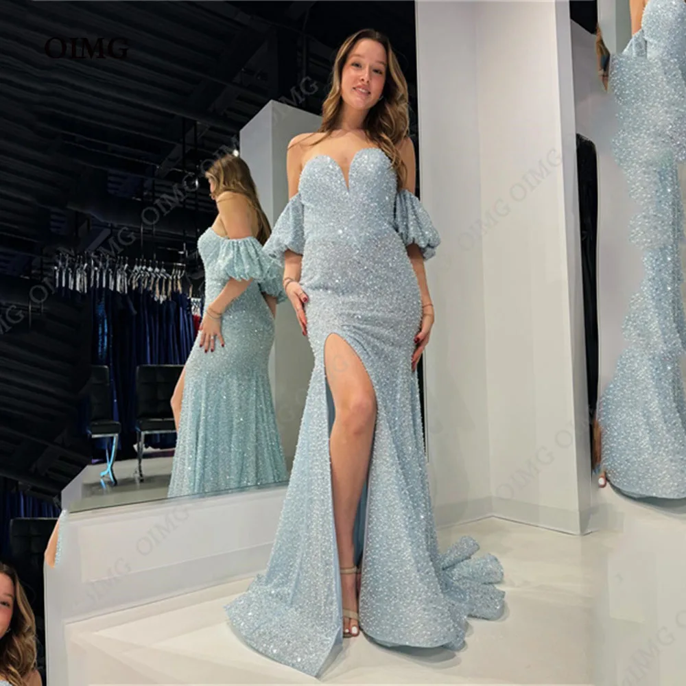 

Сексуальное вечернее платье OIMG с коротким рукавом и Боковым Разрезом, Саудовская Аравия, яркое блестящее синее платье с блестками, деловые платья