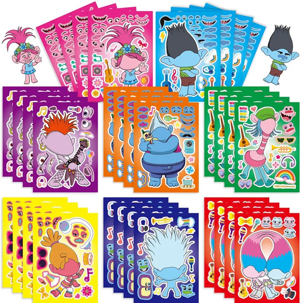 

16 sheets movie trolls Make A Face Puzzle Stickers poppy Kids Make Your Own DIY Game Children Cartoon Jigsaw Education Toys Gift