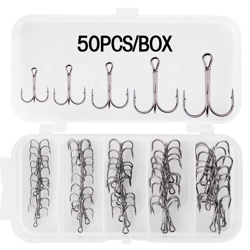 

120/50Pcs /box Black Fishing Hook High Carbon Steel Treble Overturned Hooks Fishing Tackle Round Bend Treble for Bass