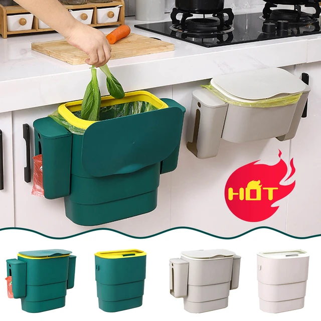 Cubo de basura colgante de cocina con tapa, cubo de basura de cocina  montado en la pared para puerta de armario, cesta de basura de reciclaje,  9L - AliExpress