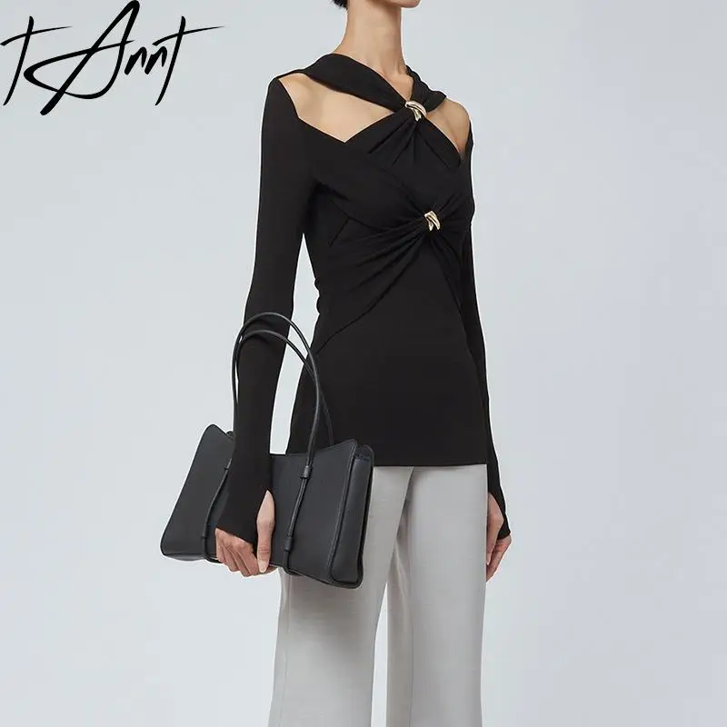 

Tannt Women T Shirt Asymmetry Hollow Out Long Sleeves Sexy T Shirt Tops Irregular Autumn And Winter Knitting T Shirt 2023 New