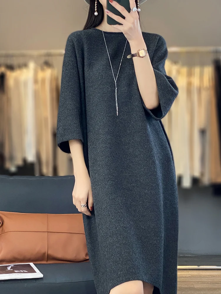 

100% Merino Wool 2024 Fashion Women Half Sleeve Dresses For Spring and Summer O-neck Pure Color Office Lady Knitwear Dress