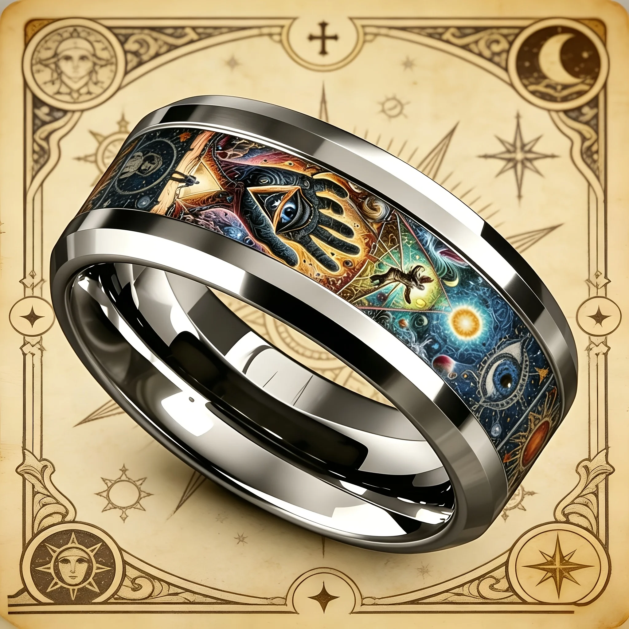 Vintage Men Stainless Steel Ring with Mystical Esoteric Tarot & All Seeing Eye Pattern Inlay Rings for Men Women Wedding Jewelry 4