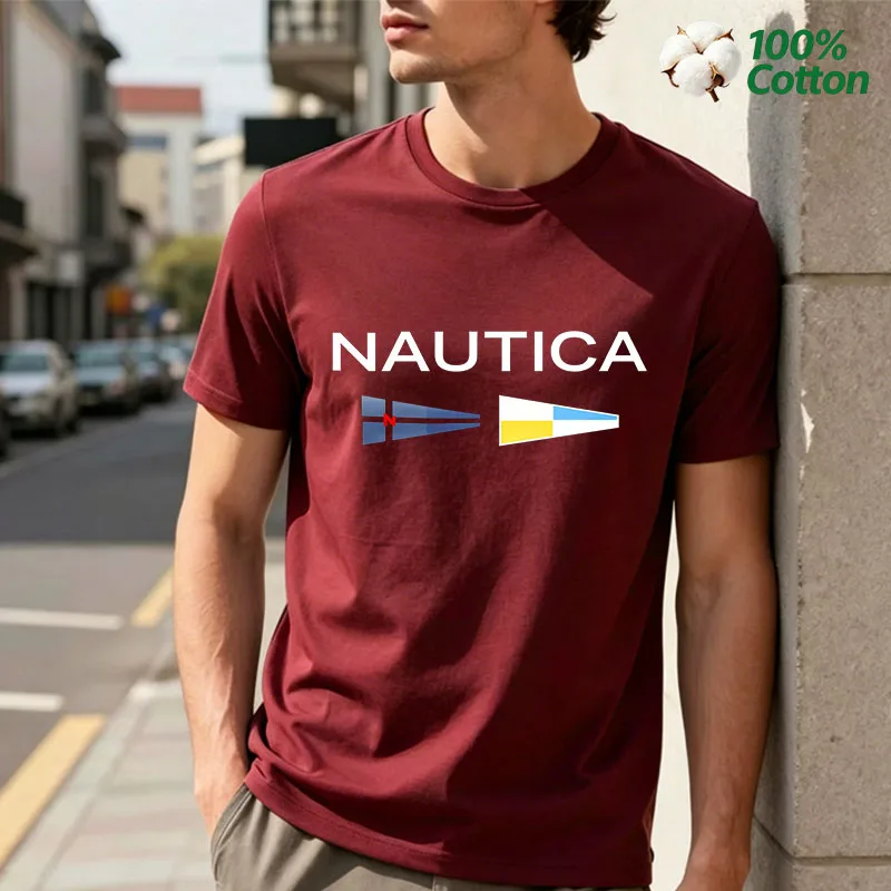 T-shirt da uomo Nautica con grafica bandiera a ventaglio, classica nautica, a maniche corte, casual, in cotone, streetwear, top basic estivo - immagine 5