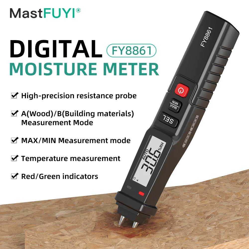 MASTFUYI FY8861 디지털 습기 계량기, 목재 습도계, 건축 재료 습도계, 목재 습도 테스터, 목재 습기 감지기, 2 프로브