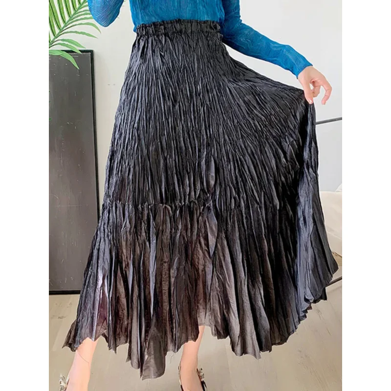 Large Hem Pleated Mid Length Skirt For Female Elastic Waist Solid Color Irregular Skirts Female Elegant Clothing