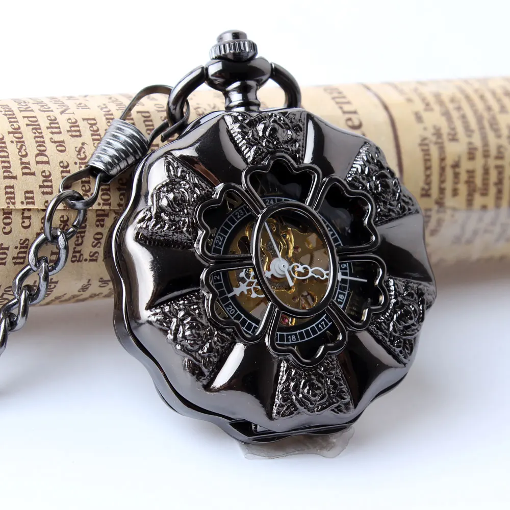 Black Full Steel Old Time Mechanical Pocket Watch Steampunk Vintage Hollow Analog Skeleton Hand Winding Mechanical Pocket Watch