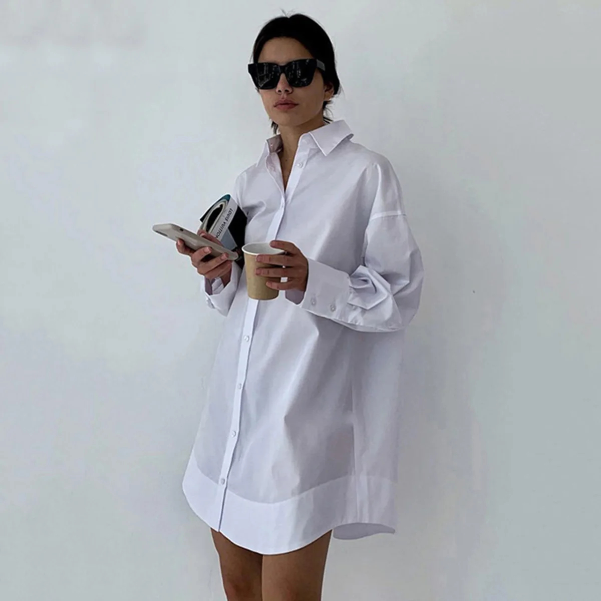 

Onecozyday Adult Female Daily Lapel Collar Shirt Mini Dress City Women Summer Clothes Black White Loose Long Sleeves Dresses