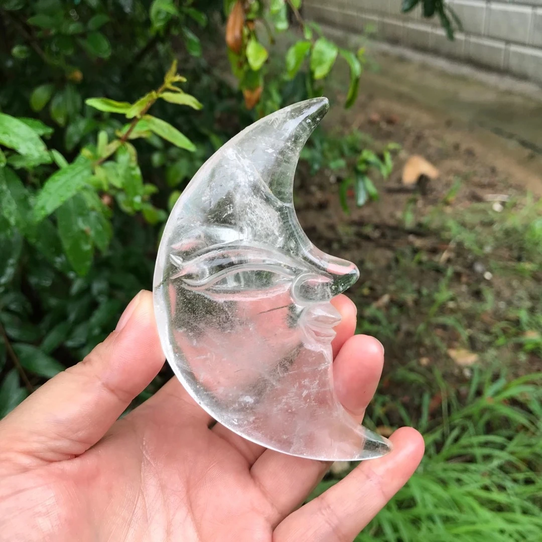 

10cm Natural Crystal Human Face Moon Shape White crystal Quartz Mineral Jewelry Healing Stone Crafts Hand Carving Ornaments 1pcs