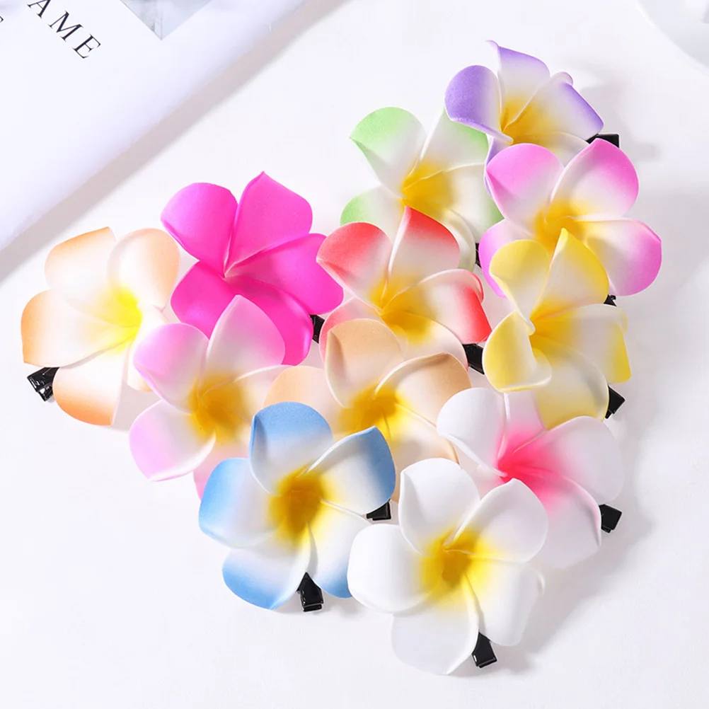 12 Pcs Hawaiian Flowers For Hair Simulated Plumeria Headdress Hair Clips for Women Claw Blossom Accessories Thin Eva Travel Pins