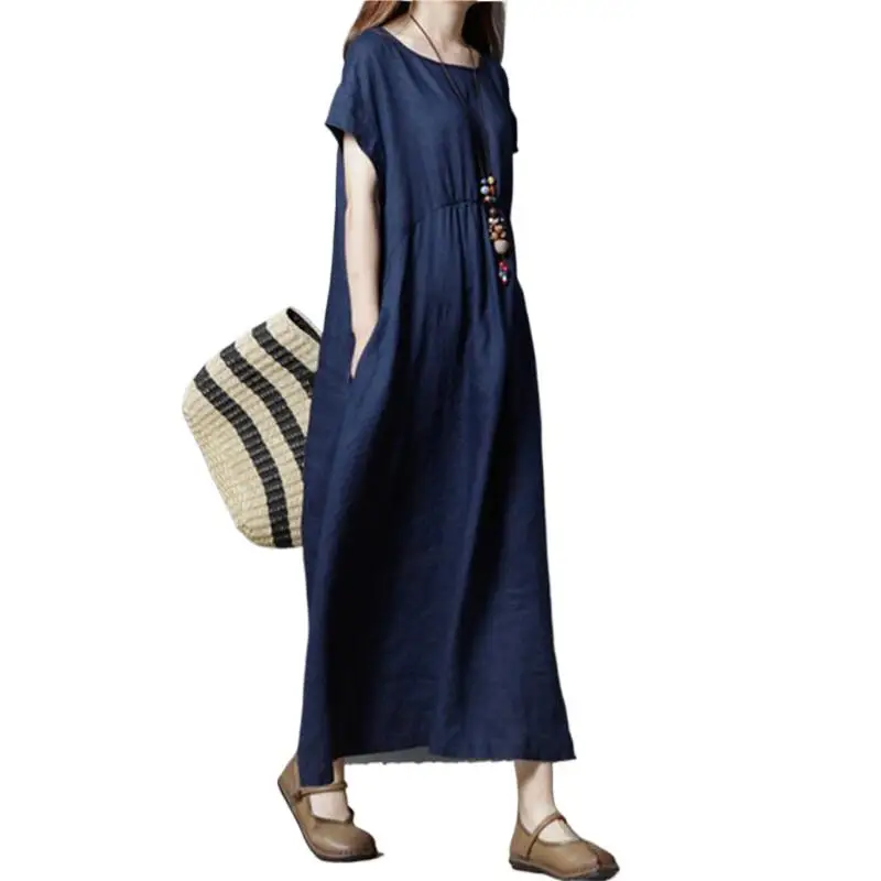

2024 spring casual loose solid cotton and line dress short sleeves 4 color pockets dress Vestido Women Dress -