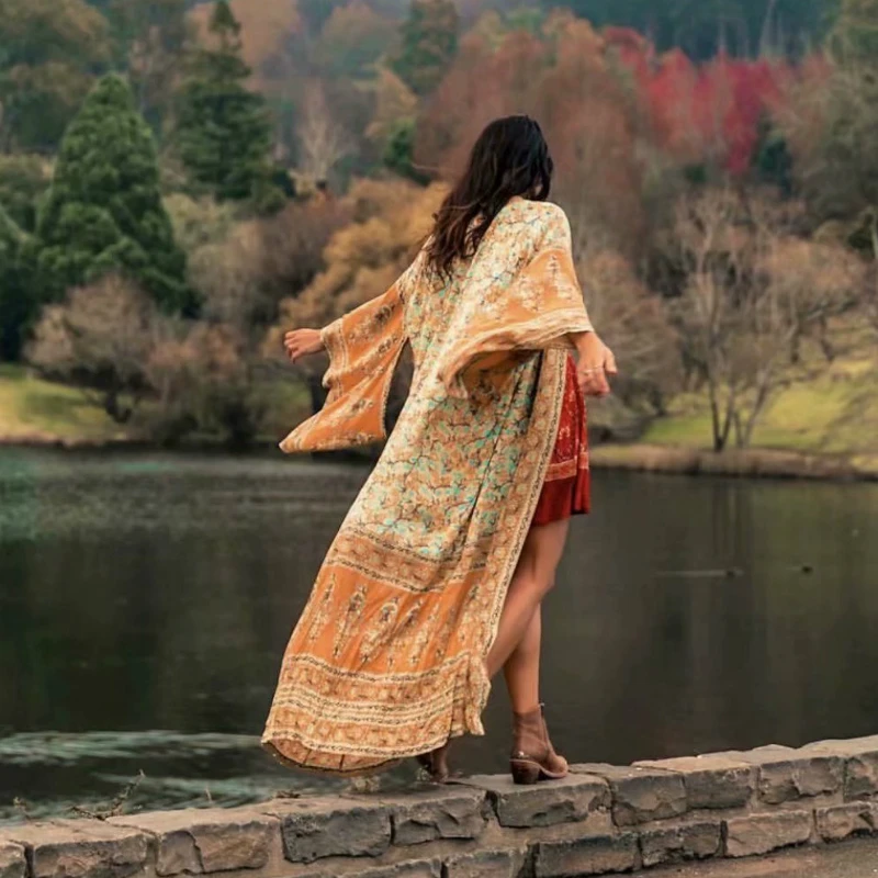 Boho Queens Women Yellow Floral Print Sashes Kimono Ladies V Neck Batwing Sleeves Bohemian Maxi Dress Robe Cover-up