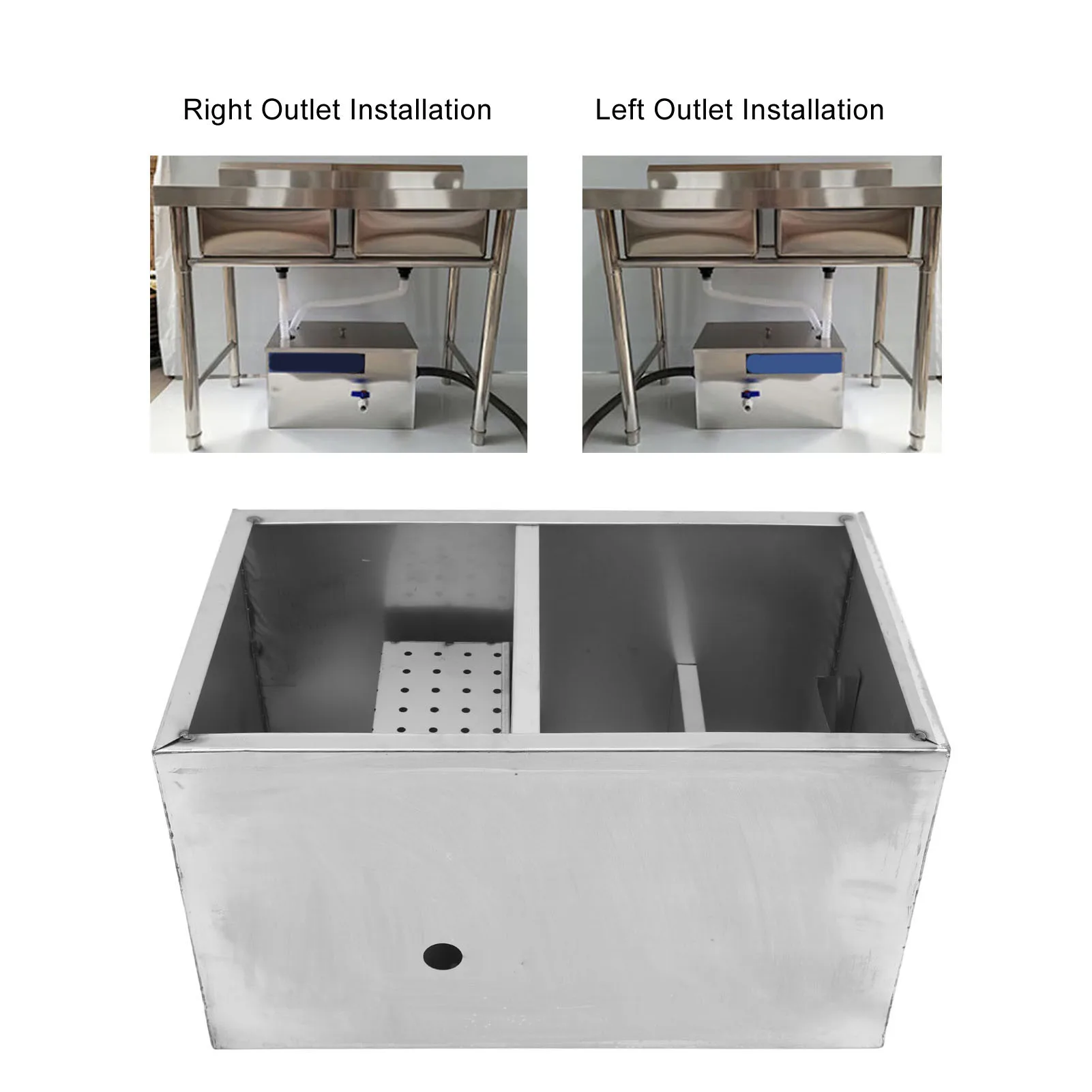Grease Trap 3 Stage Filtration Grease Trap Stainless Steel Interceptor for Kitchen Restaurant 50x25cm Dual Holes
