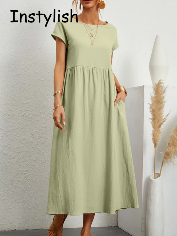 Women Elegant Solid Maxi Dress Summer Short Sleeve O Neck