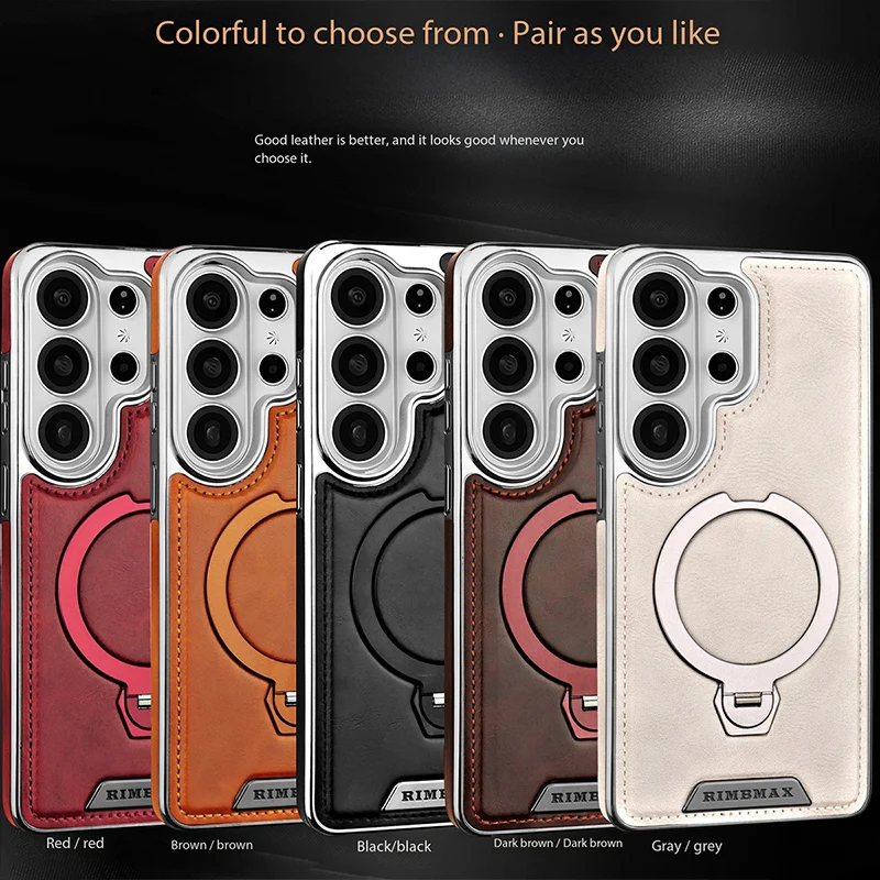 Luxury Leather Phone Case with 360° Rotating Magnetic Stand and Anti-Drop Protection