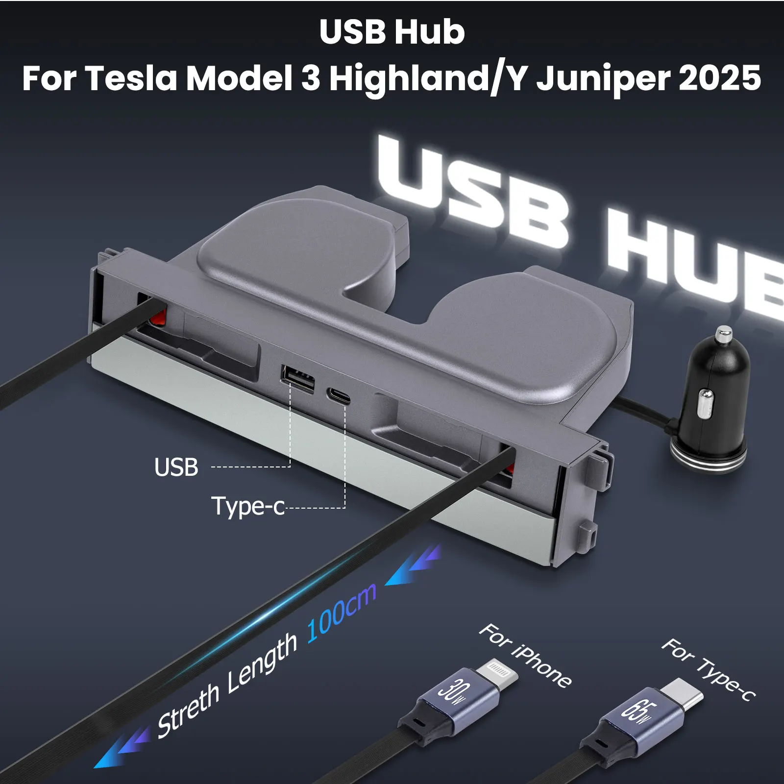 테슬라 모델 Y 주니퍼 2025 및 모델 3 하이랜드 센터 콘솔용 고속 충전 차량용 도킹 스테이션 USB 허브 멀티포트