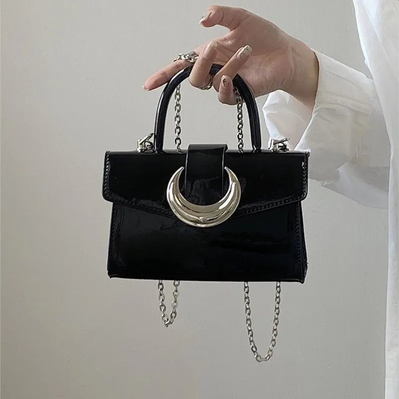 Hot Girl Solid Color Moon Lock Handbag Women Chain Patent Leather Shoulder Bag Ladies Sweet Cool Trendy Y2k Square Crossbody Bag