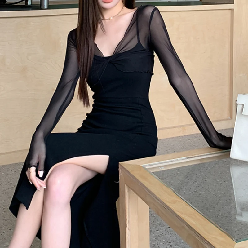 

Summer Sexy Dress Hip Wrap Dress Mesh Slip Dress Two Pieces Set Midi Dresses Party Casual Dresses Women Solid Club Robe 27452