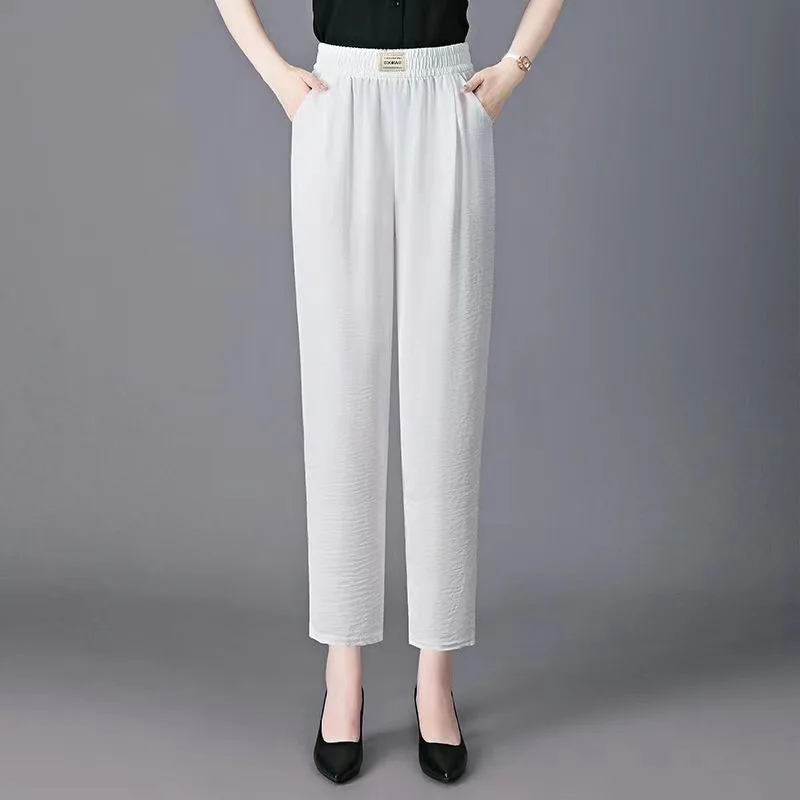 Summer Women's 2024 Spliced Elasticized High-waisted Pocket Fashion Solid Color Loose Minimalist All-match Harlan Casual Pants