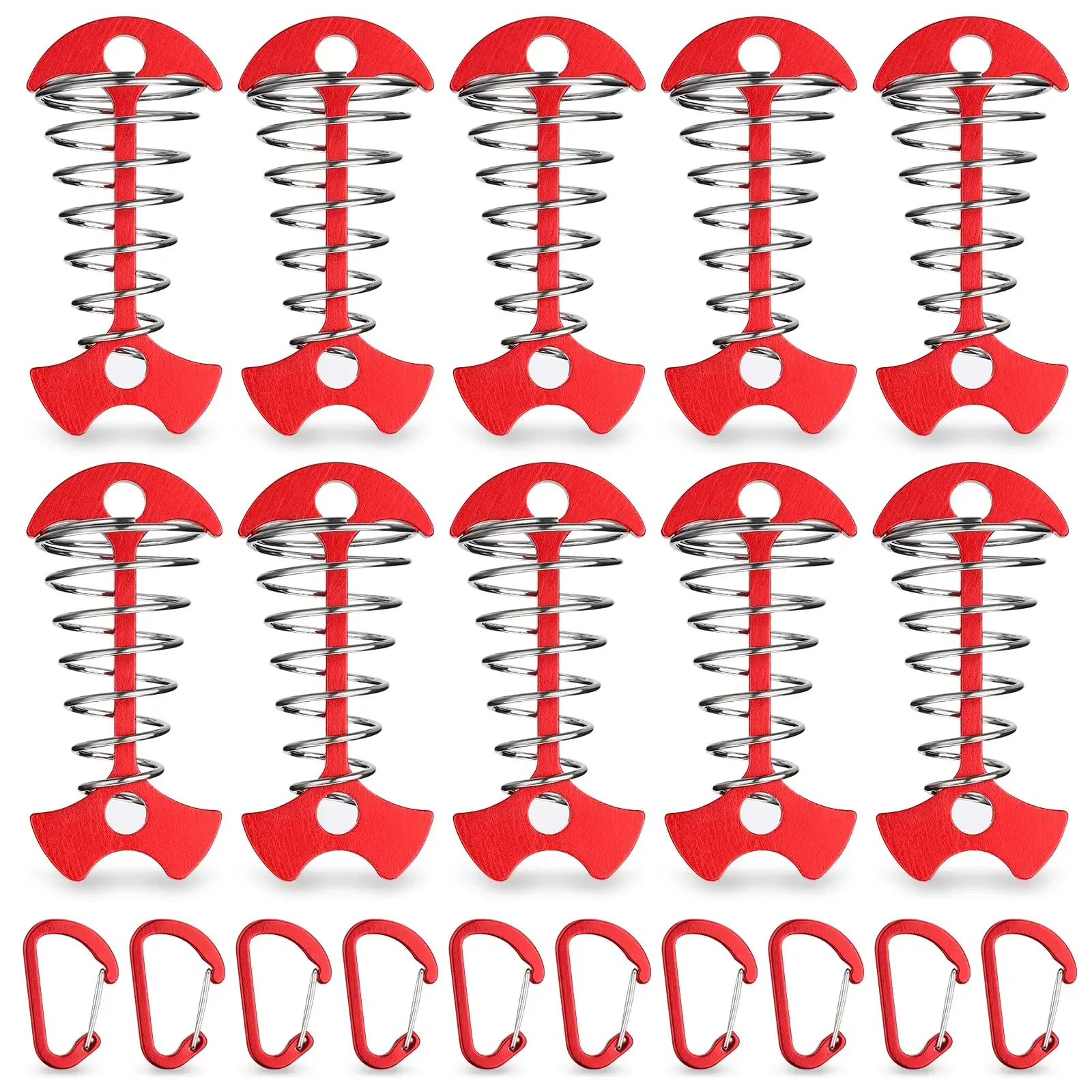 10pcs Deck Anchor Pegs Windproof Aluminum Deck Tie Down Spring Fishbone Tent Anchors Tent Rope Tensioner Guyline Cord Adjuster
