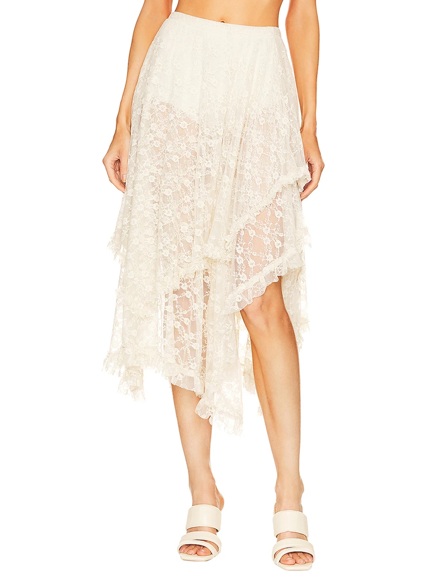 

Women s Y2k Lace Trim Midi Tulle Skirt Solid Color High Low Asymmetrical Ruffled Sheer Mesh Tutu Skirts