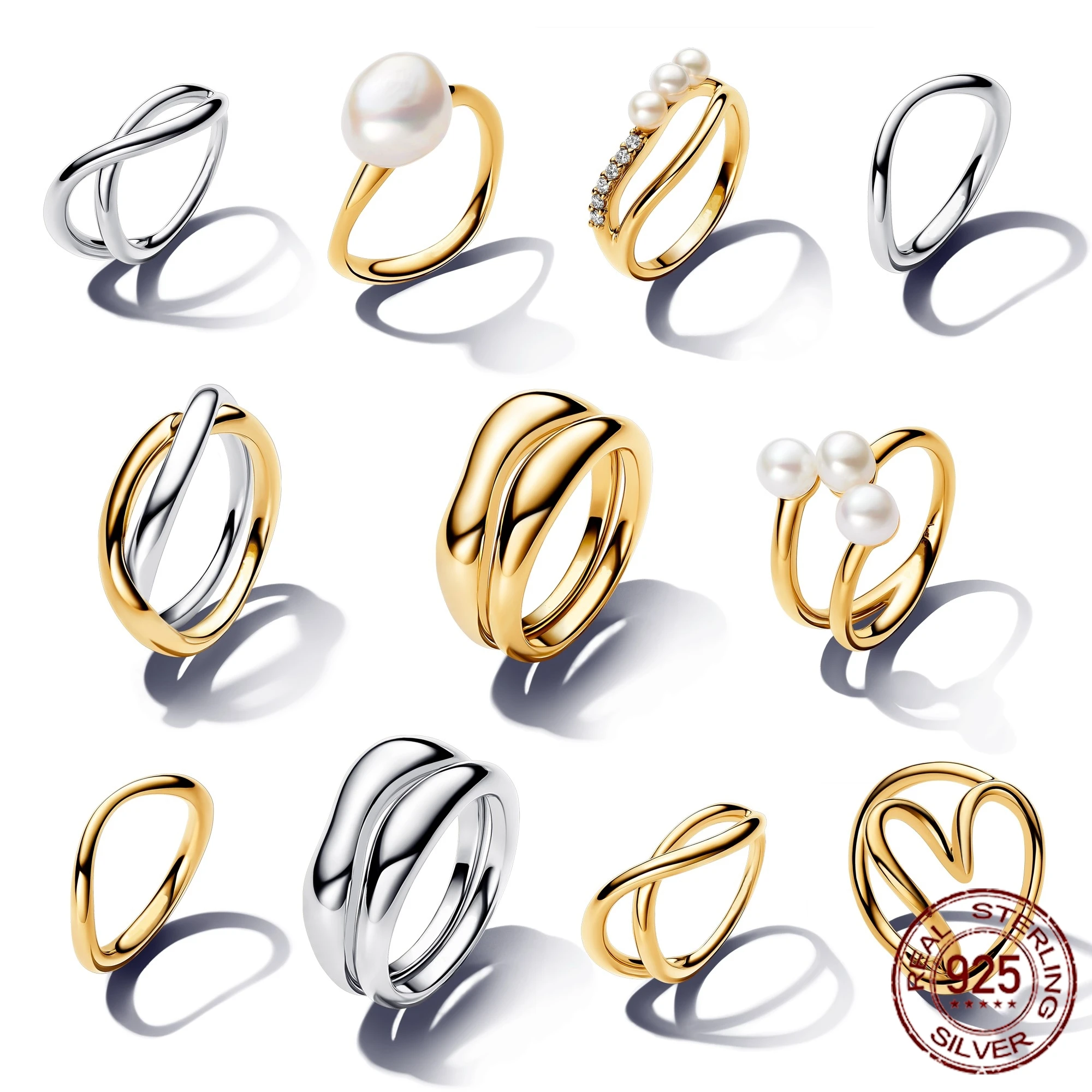 Silver Rings Women 925 Pearl Open Heart Wedding Irregular Compatible Jewelry Gift
