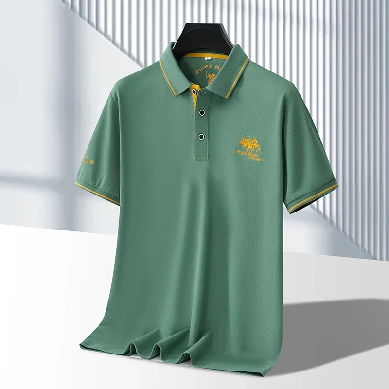Polo da uomo in tinta unita ricamata a maniche corte casual da lavoro, alla moda, traspirante, confortevole, estiva, versatile - immagine 3