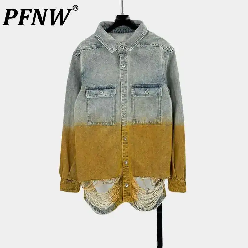 PFNW Darkwear High Quality Denim Jacket Men's Gradient Colorblocking Design Distressed Oversized Washed Outwear Coat Top 28W5674 1