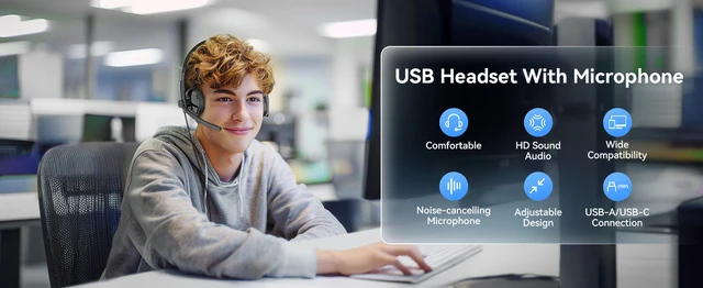 Cuffie USB Con Microfono Per PC - Cancellazione Rumore, Cavo 2.5m, Compatibili Con PC, Mac, PS5