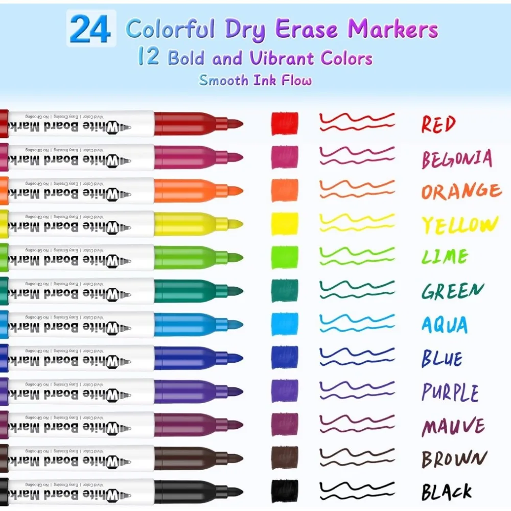 24Pcs Colors Dry Erase Whiteboard Markers Fine Tip Low Odor Marker For Office School Teacher Classroom Supplies Easy To Wipe