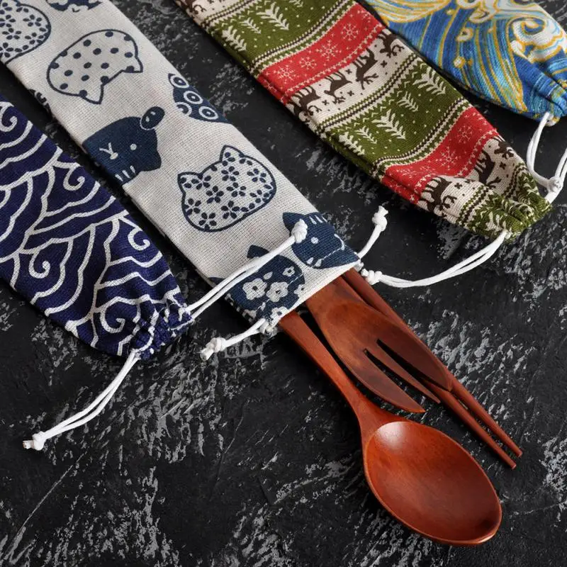 Kitchen Linen Tableware Bag Durable Portable Cutlery Storage Compact Trendy Travel Fish Striped Print Stylish Picnic Convenient